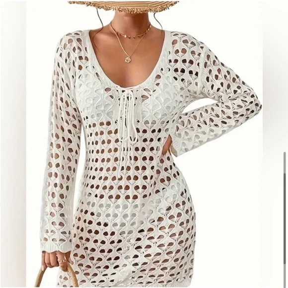 Hollow Out Crochet Lace Up Knitted Beach Summer Cover-Up Dress, Size L, NWOT - Picture 4 of 10